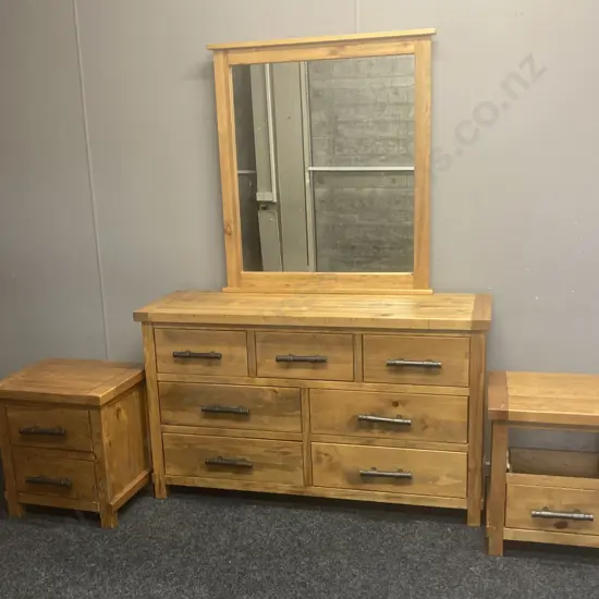 Wooden Bedroom Suite, 7 Drawer Chest With Mirror, 2 x Bedsides (1 Missing a Drawer), Steel Pipe Look Handles